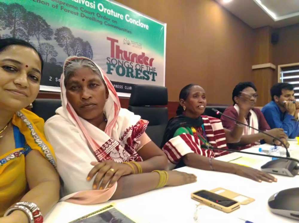 Indigenous leaders from the AIUFWP at an Adivasi Orature conclave at the Press Club of India. The testimonies of traditional forest dwelling communities endangered by the Supreme Court eviction order were given center stage. Credit: AIUFWP