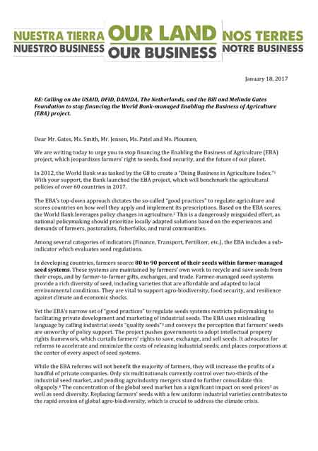 Calling on the USAID, DFID, DANIDA, The Netherlands, and the Bill and Melinda Gates Foundation to Stop Financing the World Bank-Managed Enabling the Business of Agriculture (EBA) Project; letter cover