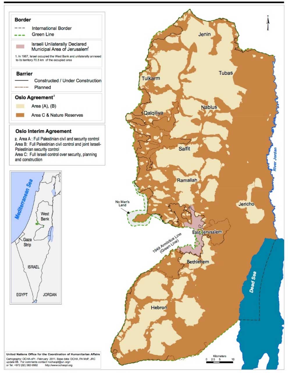 Areas A, B, & C in the West Bank. Credit: UN OCHA, February 2011
